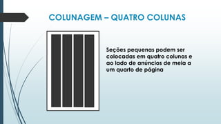 COLUNAGEM – QUATRO COLUNAS
Seções pequenas podem ser
colocadas em quatro colunas e
ao lado de anúncios de meia a
um quarto de página
 