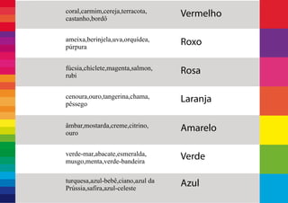 Vermelhocoral,carmim,cereja,terracota,
castanho,bordô Vermelhocoral,carmim,cereja,terracota,
castanho,bordô Vermelhocoral,carmim,cereja,terracota,
castanho,bordô
Roxoameixa,berinjela,uva,orquídea,
púrpura
Rosafúcsia,chiclete,magenta,salmon,
rubi
Amareloâmbar,mostarda,creme,citrino,
ouro
Azulturquesa,azul-bebê,ciano,azul da
Prússia,safira,azul-celeste
Laranjacenoura,ouro,tangerina,chama,
pêssego
Verdeverde-mar,abacate,esmeralda,
musgo,menta,verde-bandeira
 