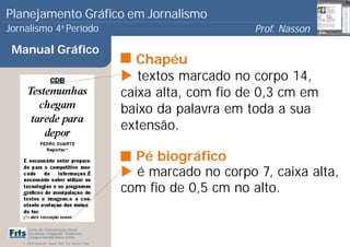 Planejamento Gráfico em Jornalismo
Jornalismo 4 Período           a
                                                                            Prof. Nasson
                                                                                         0
 Manual Gráfico
                                                          Chapéu
                                                          textos marcado no corpo 14,
                                                       caixa alta, com fio de 0,3 cm em
                                                       baixo da palavra em toda a sua
                                                       extensão.

                                                         Pé biográfico
                                                         é marcado no corpo 7, caixa alta,
                                                       com fio de 0,5 cm no alto.

      Curso de Comunicação Social
      Faculdade Integrada Tiradentes
      Campus Amélia Maria Uchôa
   © 2009 Copyright - Autor: Prof. Esp. Nasson Paulo
 