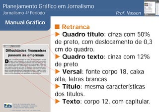 Planejamento Gráfico em Jornalismo
Jornalismo 4 Período           a
                                                                            Prof. Nasson
                                                                                         0
 Manual Gráfico
                                                          Retranca
                                                          Quadro título: cinza com 50%
                                                       de preto, com deslocamento de 0,3
                                                       cm do quadro.
                                                          Quadro texto: cinza com 12%
                                                       de preto
                                                          Versal: fonte corpo 18, caixa
                                                       alta, letras brancas
                                                          Título: mesma características
                                                       dos títulos.
      Curso de Comunicação Social
      Faculdade Integrada Tiradentes
                                                          Texto: corpo 12, com capitular.
      Campus Amélia Maria Uchôa
   © 2009 Copyright - Autor: Prof. Esp. Nasson Paulo
 