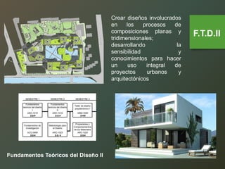 Crear diseños involucrados
en los procesos de
composiciones planas y
tridimensionales;
desarrollando la
sensibilidad y
conocimientos para hacer
un uso integral de
proyectos urbanos y
arquitectónicos
Fundamentos Teóricos del Diseño II
F.T.D.II
 