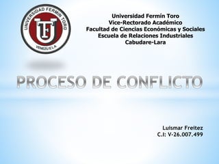 Universidad Fermín Toro
Vice-Rectorado Académico
Facultad de Ciencias Económicas y Sociales
Escuela de Relaciones Industriales
Cabudare-Lara
Luismar Freitez
C.I: V-26.007.499
 