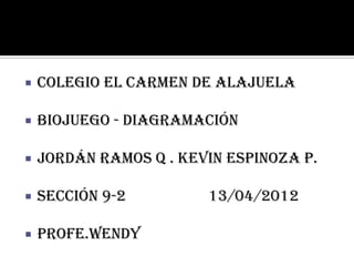    Colegio el Carmen de Alajuela

   Biojuego - diagramación

   Jordán Ramos Q . Kevin Espinoza P.

   Sección 9-2         13/04/2012

   Profe.wendy
 