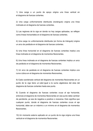 1) Una carga o un punto de apoyo origina una línea vertical en
el diagrama de fuerzas cortantes.
2) Una carga uniformemente distribuida (rectángulo) origina una línea
inclinada en el diagrama de fuerzas cortantes.
3) Las regiones de la viga en donde no hay cargas aplicadas, se reflejan
como líneas horizontales en el diagrama de fuerzas cortantes.
4) Una carga no uniformemente distribuida (en forma de triángulo) origina
un arco de parábola en el diagrama de fuerzas cortantes.
5) Una línea horizontal en el diagrama de fuerzas cortantes implica una
línea inclinada en el diagrama de momentos flexionantes.
6) Una línea inclinada en el diagrama de fuerzas cortantes implica un arco
de parábola en el diagrama de momentos flexionantes.
7) Un arco de parábola en el diagrama de fuerzas cortantes implica una
curva cúbica en el diagrama de momentos flexionantes,
8) Cada coordenada vertical del diagrama de momentos flexionantes en un
punto de la viga tiene un valor igual a la suma algebraica del área del
diagrama de fuerzas cortantes hasta ese punto.
9) Cuando el diagrama de fuerzas cortantes cruza al eje horizontal,
entonces el diagrama de momentos flexionantes en ese punto debe cambiar
de pendiente, ya sea de negativa a positiva o viceversa. Esto significa que
cualquier punto, donde el diagrama de fuerzas cortantes cruce el eje
horizontal, debe ser un máximo o un mínimo en el diagrama de momentos
flexionantes.
10) Un momento externo aplicado en un punto de la viga origina una línea
vertical en el diagrama de momentos flexionantes
 