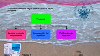 Etapas que debemos seguir para la solución de un 
problema. 
Problema 
Construcción del 
algoritmo 
Verificación del 
algoritmo 
Análisis profundo 
del problema 
26/09/2014 Práctica 4 1616 
 