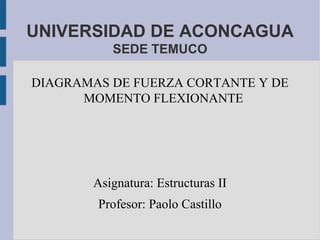 UNIVERSIDAD DE ACONCAGUA
SEDE TEMUCO
DIAGRAMAS DE FUERZA CORTANTE Y DE
MOMENTO FLEXIONANTE

Asignatura: Estructuras II
Profesor: Paolo Castillo

 