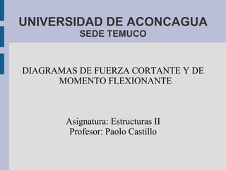 UNIVERSIDAD DE ACONCAGUA SEDE TEMUCO DIAGRAMAS DE FUERZA CORTANTE Y DE MOMENTO FLEXIONANTE Asignatura: Estructuras II Profesor: Paolo Castillo 