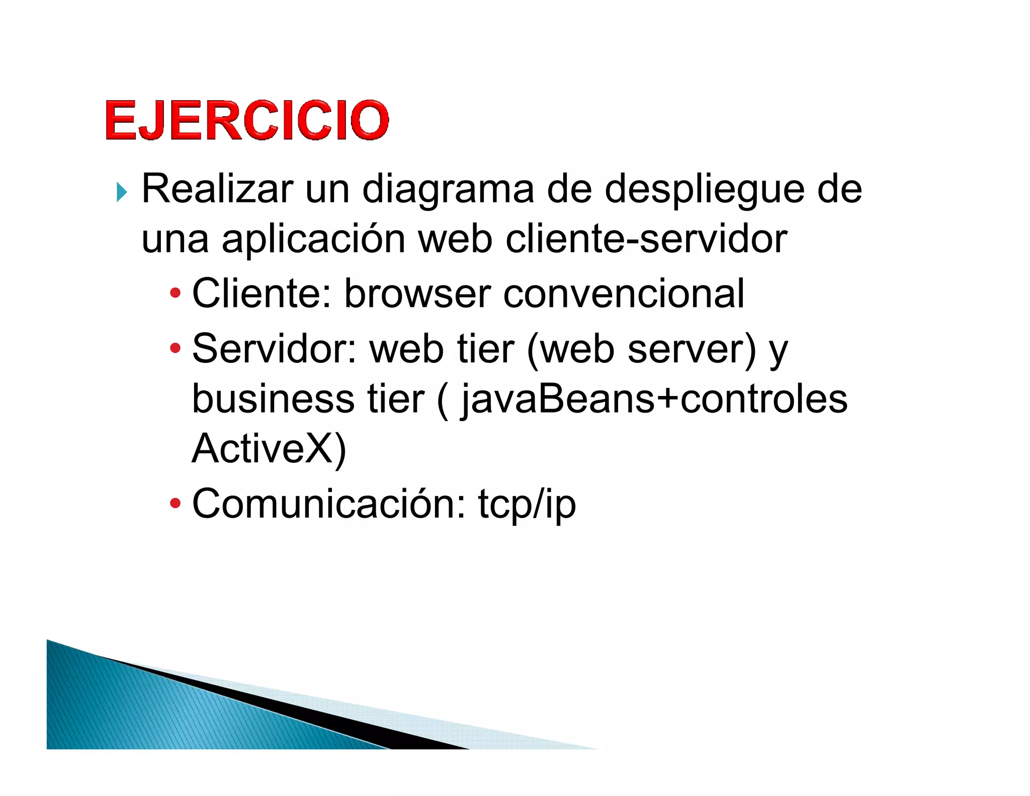 `   Realizar un diagrama de despliegue de
    una aplicación web cliente-servidor
     ‡ Cliente: browser convencional
     ‡ Servidor: web tier (web server) y
       business tier ( javaBeans+controles
       ActiveX)
     ‡ Comunicación: tcp/ip
 