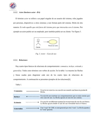 3.1.2. Actor (business actor - BA)
El término actor se refiere a un papel singular de un usuario del sistema, roles jugados
por personas, dispositivos u otros sistemas y non forman parte del sistema. Dicho de otra
manera: Es todo aquello que está fuera del sistema pero que interactúa con el sistema. Por
ejemplo un actor podría ser un empleado, pero también podría ser un cliente. Ver figura 3.
Fig. 3. Actor – Caso de uso
3.1.3. Relaciones
Hay cuatro tipos básicos de relaciones de comportamiento: comunica, incluye, extiende y
generaliza. Todos estos términos son verbos de acción. En la tabla 1 se muestra las flechas
y líneas usadas para diagramar cada uno de los cuatro tipos de relaciones de
comportamiento. A continuación se presentan ejemplos de las relaciones[6].
Tabla 1.
 