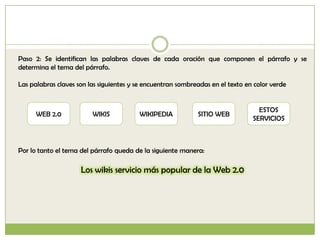 Paso 2: Se identifican las palabras claves de cada oración que componen el párrafo y se
determina el tema del párrafo.

Las palabras claves son las siguientes y se encuentran sombreadas en el texto en color verde


                                                                                  ESTOS
      WEB 2.0            WIKIS           WIKIPEDIA           SITIO WEB
                                                                                SERVICIOS



Por lo tanto el tema del párrafo queda de la siguiente manera:

                     Los wikis servicio más popular de la Web 2.0
 