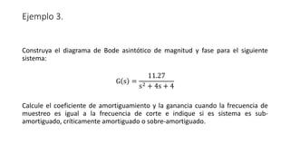 Ejemplo 3.
Construya el diagrama de Bode asintótico de magnitud y fase para el siguiente
sistema:
G s =
11.27
s2 + 4s + 4
Calcule el coeficiente de amortiguamiento y la ganancia cuando la frecuencia de
muestreo es igual a la frecuencia de corte e indique si es sistema es sub-
amortiguado, críticamente amortiguado o sobre-amortiguado.
 