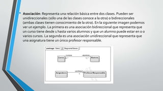 • Asociación: Representa una relación básica entre dos clases. Pueden ser
unidireccionales (sólo una de las clases conoce a la otra) o bidireccionales
(ambas clases tienen conocimiento de la otra). En la siguiente imagen podemos
ver un ejemplo. La primera es una asociación bidireccional que representa que
un curso tiene desde 1 hasta varios alumnos y que un alumno puede estar en 0 o
varios cursos. La segunda es una asociación unidireccional que representa que
una asignatura tiene un único profesor responsable.
 