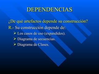 DEPENDENCIAS ¿De qué artefactos depende su construcción? R.-  Su construcción depende de: Los casos de uso (expandidos). Diagrama de secuencias. Diagrama de Clases. 