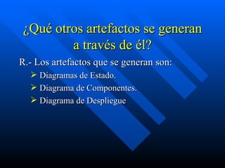 ¿Qué otros artefactos se generan a través de él? R.- Los artefactos que se generan son: Diagramas de Estado. Diagrama de Componentes. Diagrama de Despliegue 