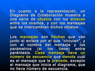 En cuanto a la representación, un Diagrama de Colaboración muestra a una serie de  objetos  con los  enlaces  entre los mismos, y con los mensajes que se intercambian dichos objetos.  Los  mensajes  son  flechas  que van junto al enlace por el que “circulan”, y con el nombre del mensaje y los parámetros (si los tiene) entre paréntesis.  Cada mensaje lleva un número de secuencia  que  denota  cuál es el mensaje que le  precede , excepto el mensaje que inicia el diagrama, que no lleva número de secuencia.  