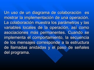 Un uso de un diagrama de colaboración  es mostrar la implementación de una operación. La colaboración muestra los parámetros y las variables locales de la operación, así como asociaciones más permanentes. Cuando se implementa el comportamiento, la secuencia de los mensajes corresponde a la estructura de llamadas anidadas y el paso de señales del programa.   