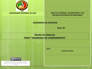 AREA DE LA ENERGIA, LAS INDUSTRIAS Y LOS
RECURSOS NATURALES NO RENOVABLES

UNIVERSIDAD NACIONAL DE LOJA

INGENIERIA EN SISTEMAS

7mo “A”

Diseño de Sistemas
TEMA “DIAGRAMA DE COMPONENTES”

Autor:

Jackson Cuenca

This work is licensed under the Creative Commons
Attribution-NonCommercial-ShareAlike 3.0 Ecuador
License.

 