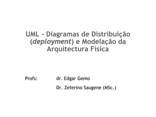 UML – Diagramas de Distribuição
 (deployment) e Modelação da
      Arquitectura Física



Profs:   dr. Edgar Gemo
         Dr. Zeferino Saugene (MSc.)
 