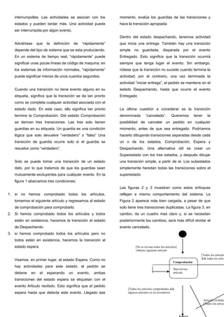 interrumpidles. Las actividades se asocian con los
estados y pueden tardar más. Una actividad puede
ser interrumpida por algún evento.
Adviértase que la definición de “rápidamente”
depende del tipo de sistema que se esta produciendo.
En un sistema de tiempo real, “rápidamente” puede
significar unas pocas líneas de código de maquina; en
los sistemas de información normales, “rápidamente”
puede significar menos de unos cuantos segundos.
Cuando una transición no tiene evento alguno en su
etiqueta, significa que la transición se da tan pronto
como se completa cualquier actividad asociada con el
estado dado. En este caso, ello significa tan pronto
termine la Comprobación. Del estado Comprobación
se derivan tres transiciones. Las tres solo tienen
guardias en su etiqueta. Un guardia es una condición
lógica que solo devuelve “verdadero” o “falso” Una
transición de guardia ocurre solo si el guardia se
resuelve como “verdadero”.
Solo se puede tomar una transición de un estado
dato, por lo que tratamos de que los guardias sean
mutuamente excluyentes para cualquier evento. En la
figura 1 abarcamos tres condiciones:
1. si no hemos comprobado todos los artículos,
tomamos el siguiente artículo y regresamos al estado
de comprobación para comprobarlo.
2. Si hemos comprobado todos los artículos y todos
están en existencia, hacemos la transición al estado
de Despachando.
3. si hemos comprobado todos los artículos pero no
todos están en existencia, hacemos la transición al
estado espera.
Veamos, en primer lugar, el estado Espera. Como no
hay actividades para este estado, el pedido se
detiene en el esperando un evento, ambas
transiciones del estado espera se etiquetan con el
evento Articulo recibido. Esto significa que el pedido
espera hasta que detecta este evento. Llegado ese
momento, evalúa los guardias de las transiciones y
hace la transición apropiada
Dentro del estado despachando, tenemos actividad
que inicia una entrega. También hay una transición
simple no guardada, disparada por el evento
Entregado. Esto significa que la transición ocurrirá
siempre que tenga lugar el evento. Sin embargo,
nótese que la transición no sucede cuando termina la
actividad; por el contrario, una vez terminada la
actividad “iniciar entrega”, el pedido se mantiene en el
estado Despachando, hasta que ocurre el evento
Entregado
La última cuestión a considerar es la transición
denominada “cancelado”. Queremos tener la
posibilidad de cancelar un pedido en cualquier
momento, antes de que sea entregado. Podríamos
hacerlo dibujando transiciones separadas desde cada
un o de los estados, Comprobación, Espera y
Despachando. Una alternativa útil es crear un
Superestado con los tres estados, y después dibujar
una transición simple, a partir de el. Los subestados
simplemente heredan todas las transiciones sobre el
superestado.
Las figuras 2 y 3 muestran como estos enfoques
reflejan e mismo comportamiento del sistema. La
Figura 2 aparece más bien cargada, a pesar de que
solo tiene tres transiciones duplicadas. La figura 3, en
cambio, da un cuadro mas claro y, si se necesitan
posteriormente los cambios, será más difícil olvidar el
evento cancelado.
Comprobación
Hace/revisa
articulo
[Todos los artículo
&& todos los artícu
[No se revisan todos los artículos]
/obtiene siguiente articulo
Artículo recibido
[Todos los artícul
[Todos los artículos comprobados &&
algunos artículos no en inventario]
 