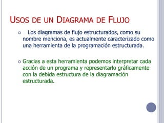 USOS DE UN DIAGRAMA DE FLUJO
      Los diagramas de flujo estructurados, como su
     nombre menciona, es actualmente caracterizado como
     una herramienta de la programación estructurada.

    Gracias a esta herramienta podemos interpretar cada
     acción de un programa y representarlo gráficamente
     con la debida estructura de la diagramación
     estructurada.
 