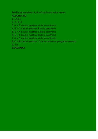 14-En las variables A, B y C cual es el valor menor
ALGORITMO
1.-Inicio
2.-A, B, C
3.-A < B si es si mostrar A de lo contrario
4.-B < C si es si mostrar B de lo contrario
5.-C < A si es si mostrar C de lo contrario
6.-B < C si es si mostrar B de lo contrario
7.-A < C si es si mostrar A de lo contrario
8.-C < B si es si mostrar C de lo contrario preguntar numero
9.-fin
DIAGRAMA
 