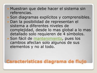  Muestran que debe hacer el sistema sin
  referencias.
 Son diagramas explícitos y comprensibles.
 Dan la posibilidad de representan el
  sistema a diferentes niveles de
  complejidad, desde lo mas global a lo mas
  detallado solo requieren de 4 símbolos.
 Son fácil de mantenimiento, pues los
  cambios afectan solo algunos de sus
  elementos y no al todo.


Caracteristicas diagrama de flujo
 