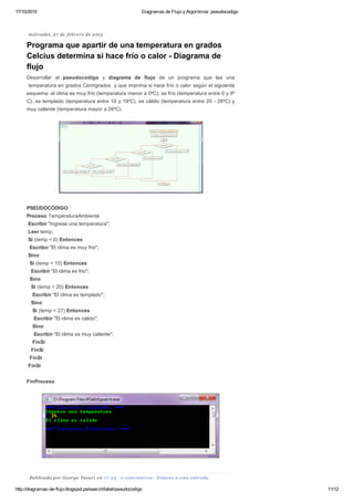 17/10/2015 Diagramas de Flujo y Algoritmos: pseudocodigo
http://diagramas­de­flujo.blogspot.pe/search/label/pseudocodigo 11/12
miércoles, 27 de febrero de 2013
Programa que apartir de una temperatura en grados
Celcius determina si hace frío o calor ­ Diagrama de
flujo
Desarrollar  el  pseudocodigo  y  diagrama  de  flujo  de  un  programa  que  lea  una
 temperatura en grados Centígrados  y que imprima si hace frío o calor según el siguiente
esquema: el clima es muy frío (temperatura menor a 0ºC), es frío (temperatura entre 0 y 9º
C), es templado (temperatura entre 10 y 19ºC), es cálido (temperatura entre 20 ­ 26ºC) y
muy caliente (temperatura mayor a 26ºC).
PSEUDOCÓDIGO
Proceso TemperaturaAmbiente
 Escribir "Ingrese una temperatura";
 Leer temp;
 Si (temp < 0) Entonces
  Escribir "El clima es muy frio";
 Sino
  Si (temp < 10) Entonces
   Escribir "El clima es frio";
  Sino
   Si (temp < 20) Entonces
    Escribir "El clima es templado";
   Sino
    Si (temp < 27) Entonces
     Escribir "El clima es calido";
    Sino
     Escribir "El clima es muy caliente";
    FinSi
   FinSi
  FinSi
 FinSi
 
FinProceso
Publicado por George Tacuri en 17:23  0 comentarios  Enlaces a esta entrada
 