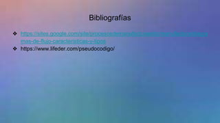 Bibliografías
❖ https://sites.google.com/site/procesosdemanufacturaetitc/manufactura/diagra
mas-de-flujo-caracteristicas-y-tipos
❖ https://www.lifeder.com/pseudocodigo/
 