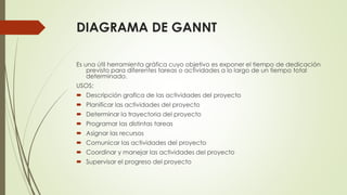 DIAGRAMA DE GANNT
Es una útil herramienta gráfica cuyo objetivo es exponer el tiempo de dedicación
previsto para diferentes tareas o actividades a lo largo de un tiempo total
determinado.
USOS:
 Descripción grafica de las actividades del proyecto
 Planificar las actividades del proyecto
 Determinar la trayectoria del proyecto
 Programar las distintas tareas
 Asignar las recursos
 Comunicar las actividades del proyecto
 Coordinar y manejar las actividades del proyecto
 Supervisar el progreso del proyecto
 