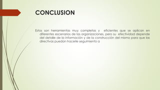 CONCLUSION
Estos son herramientas muy completas y eficientes que se aplican en
diferentes escenarios de las organizaciones, pero su efectividad depende
del detalle de la información y de la construcción del mismo para que las
directivas puedan hacerle seguimiento a
 