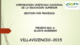 VILLAVICENCIO-2015
CORPORACION UNIFICADA NACIONAL
DE LA EDUCACION SUPERIOR
GESTION POR PROCESOS
PRESENTADO A:
GLADYS GUERRERO
 