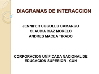 DIAGRAMAS DE INTERACCION

   JENNIFER COGOLLO CAMARGO
      CLAUDIA DIAZ MORELO
      ANDRES MACEA TIRADO




CORPORACION UNIFICADA NACIONAL DE
    EDUCACION SUPERIOR - CUN
 