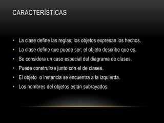 CARACTERÍSTICAS


• La clase define las reglas; los objetos expresan los hechos.
• La clase define que puede ser; el objeto describe que es.
• Se considera un caso especial del diagrama de clases.
• Puede construirse junto con el de clases.
• El objeto o instancia se encuentra a la izquierda.
• Los nombres del objetos están subrayados.
 