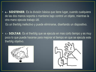 • 6.- SOSTENER: Es la división básica que tiene lugar, cuando cualquiera 
de las dos manos soporta o mantiene bajo control un objeto, mientras la 
otra mano ejecuta trabajo útil. 
Es un therblig inefectivo y puede eliminarse, diseñando un dispositivo. 
• 7.- SOLTAR: Es el therblig que se ejecuta en mas corto tiempo y es muy 
poco lo que puede hacerse para mejorar el tiempo en que se ejecuta este 
therblig objetivo. 
 