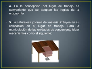 • 4. En la concepción del lugar de trabajo es 
conveniente que se adopten las reglas de la 
ergonomía. 
• 5. La naturaleza y forma del material influyen en su 
colocación en el lugar de trabajo. Para la 
manipulación de las unidades es conveniente idear 
mecanismos como el siguiente: 
 