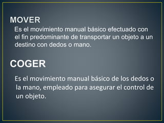 Es el movimiento manual básico efectuado con 
el fin predominante de transportar un objeto a un 
destino con dedos o mano. 
COGER 
Es el movimiento manual básico de los dedos o 
la mano, empleado para asegurar el control de 
un objeto. 
 