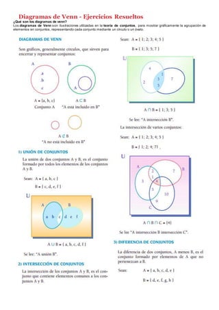 Diagramas de Venn - Ejercicios Resueltos
¿Qué son los diagramas de venn?
Los diagramas de Venn son ilustraciones utilizadas en la teoría de conjuntos, para mostrar gráficamente la agrupación de
elementos en conjuntos, representando cada conjunto mediante un círculo o un óvalo.
 
