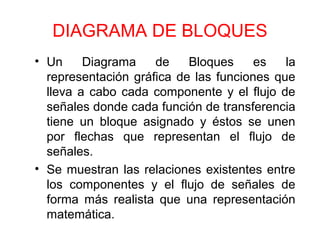 DIAGRAMA DE BLOQUES
• Un Diagrama de Bloques es la
representación gráfica de las funciones que
lleva a cabo cada componente y el flujo de
señales donde cada función de transferencia
tiene un bloque asignado y éstos se unen
por flechas que representan el flujo de
señales.
• Se muestran las relaciones existentes entre
los componentes y el flujo de señales de
forma más realista que una representación
matemática.
 