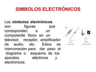SIMBOLOS ELECTRÓNICOS
Los símbolos electrónicos
son figuras que
corresponden a un
componente físico en un
televisor, receptor, amplificador
de audio, etc. Estos se
interconectan para dar paso al
diagrama o esquema de los
aparatos eléctricos y
electrónicos.
 