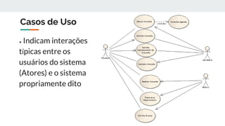 Casos de Uso
● Indicam interações
típicas entre os
usuários do sistema
(Atores) e o sistema
propriamente dito
 