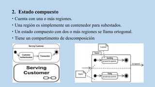 2. Estado compuesto
 Cuenta con una o más regiones.
 Una región es simplemente un contenedor para subestados.
 Un estado compuesto con dos o más regiones se llama ortogonal.
 Tiene un compartimento de descomposición
 