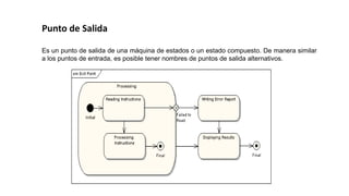 Punto de Salida
Es un punto de salida de una máquina de estados o un estado compuesto. De manera similar
a los puntos de entrada, es posible tener nombres de puntos de salida alternativos.
 