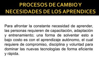 Para afrontar la constante necesidad de aprender,
las personas requieren de capacitación, adaptación
y entrenamiento; una forma de solventar esto a
bajo costo es con el aprendizaje autónomo, el cual
requiere de compromiso, disciplina y voluntad para
dominar las nuevas tecnologías de forma eficiente
y rápida.
 