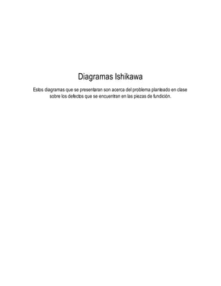 Diagramas Ishikawa
Estos diagramas que se presentaran son acerca del problema planteado en clase
sobre los defectos que se encuentran en las piezas de fundición.
 