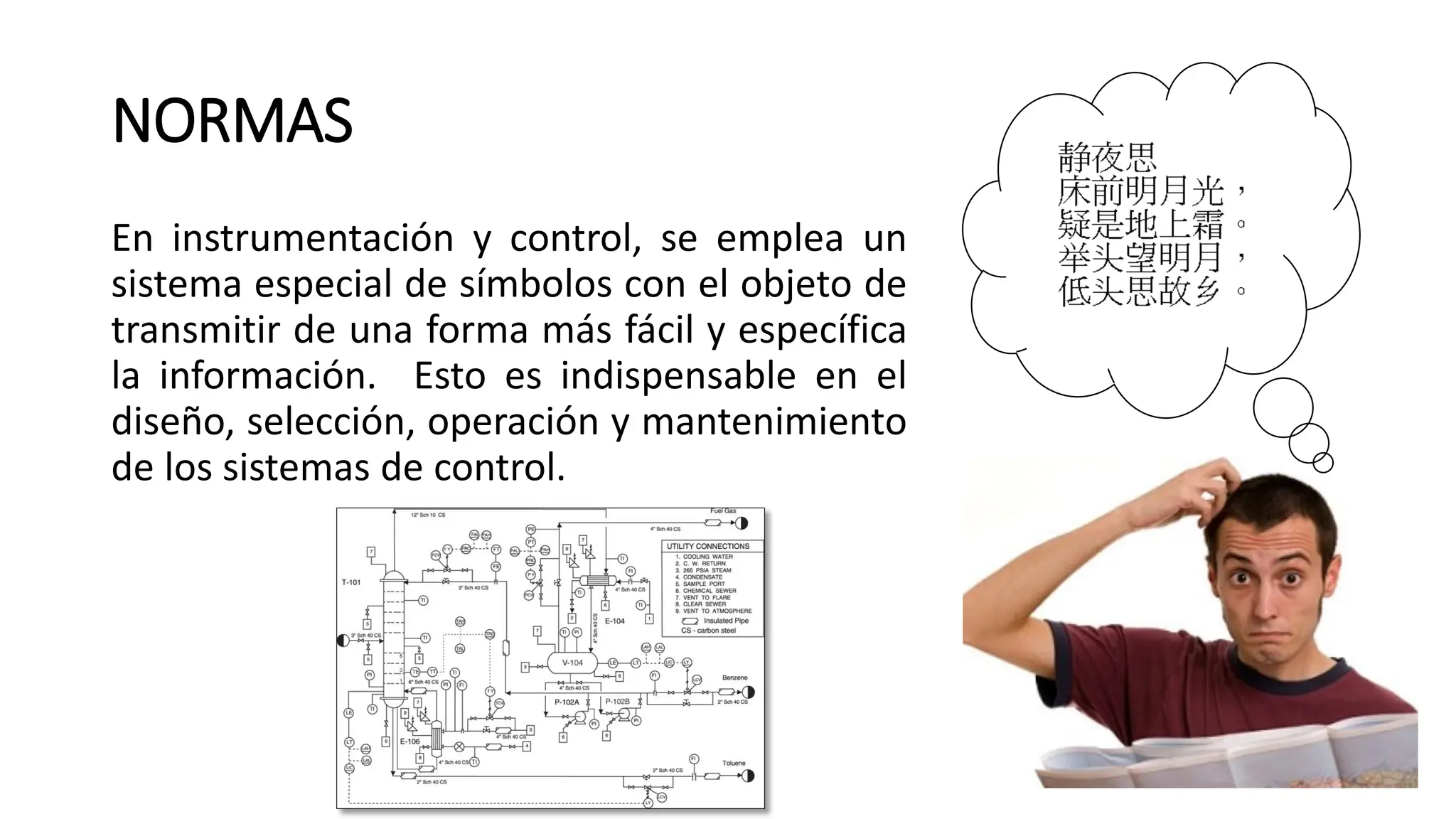 NORMAS
En instrumentación y control, se emplea un
sistema especial de símbolos con el objeto de
transmitir de una forma más fácil y específica
la información. Esto es indispensable en el
diseño, selección, operación y mantenimiento
de los sistemas de control.
 