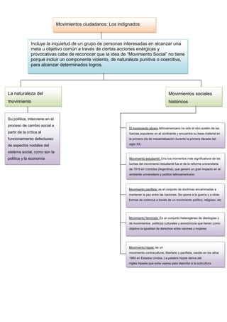 Movimientos ciudadanos: Los indignados

Incluye la inquietud de un grupo de personas interesadas en alcanzar una
meta u objetivo común a través de ciertas acciones enérgicas y
provocativas cabe de reconocer que la idea de “Movimiento Social” no tiene
porqué incluir un componente violento, de naturaleza punitiva o coercitiva,
para alcanzar determinados logros.

La naturaleza del

Movimientos sociales

movimiento

históricos

Su política, interviene en el
proceso de cambio social a

El movimiento obrero latinoamericano ha sido el otro sostén de las

partir de la crítica al

fuerzas populares en el continente y encuentra su base material en

funcionamiento defectuoso

la primera ola de industrialización durante la primera década del

de aspectos nodales del

siglo XX.

sistema social, como son la
política y la economía

Movimiento estudiantil: Uno los momentos más significativos de las
luchas del movimiento estudiantil fue el de la reforma universitaria
de 1918 en Córdoba (Argentina), que generó un gran impacto en el
ambiente universitario y político latinoamericano

Movimiento pacifista: es el conjunto de doctrinas encaminadas a
mantener la paz entre las naciones. Se opone a la guerra y a otras
formas de violencia a través de un movimiento político, religioso, etc

Movimiento feminista: Es un conjunto heterogéneo de ideologías y
de movimientos políticos culturales y económicos que tienen como
objetivo la igualdad de derechos entre varones y mujeres

Movimiento hippie: es un
movimiento contracultural, libertario y pacifista, nacido en los años
1960 en Estados Unidos. La palabra hippie deriva del
inglés hipaste que solía usarse para describir a la subcultura

 