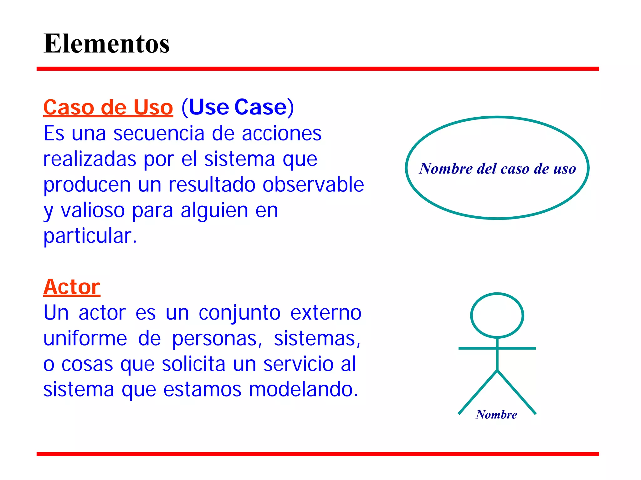 Elementos 
Caso de Uso (Use Case) 
Es una secuencia de acciones realizadas por el sistema que producen un resultado observable y valioso para alguien en particular. 
Actor 
Un actor es un conjunto externo uniforme de personas, sistemas, o cosas que solicita un servicio al 
sistema que estamos modelando. 
Nombre del caso de uso 
Nombre  