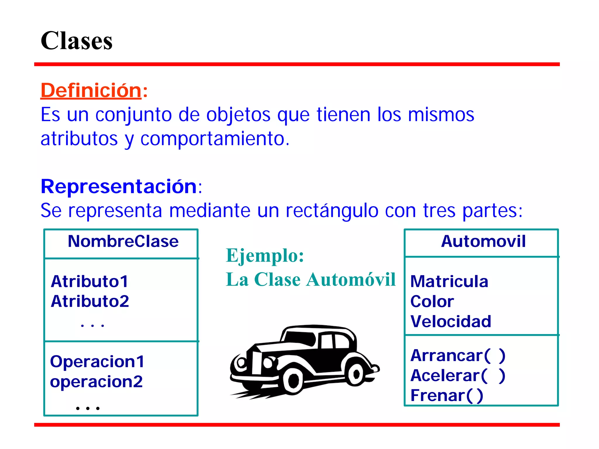 Clases 
Definición: 
Es un conjunto de objetos que tienen los mismos atributos y comportamiento. 
Representación: 
Se representa mediante un rectángulo con tres partes: 
NombreClase 
Atributo1 
Atributo2 
. . . 
Operacion1 operacion2 
. . . 
Ejemplo: 
La Clase Automóvil 
Automovil 
Matricula Color Velocidad 
Arrancar( ) Acelerar( ) Frenar( )  