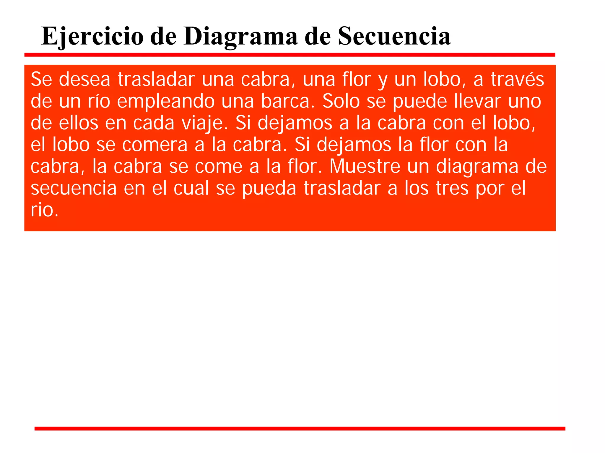Ejercicio de Diagrama de Secuencia 
Se desea trasladar una cabra, una flor y un lobo, a través de un río empleando una barca. Solo se puede llevar uno de ellos en cada viaje. Si dejamos a la cabra con el lobo, el lobo se comera a la cabra. Si dejamos la flor con la cabra, la cabra se come a la flor. Muestre un diagrama de secuencia en el cual se pueda trasladar a los tres por el rio.  