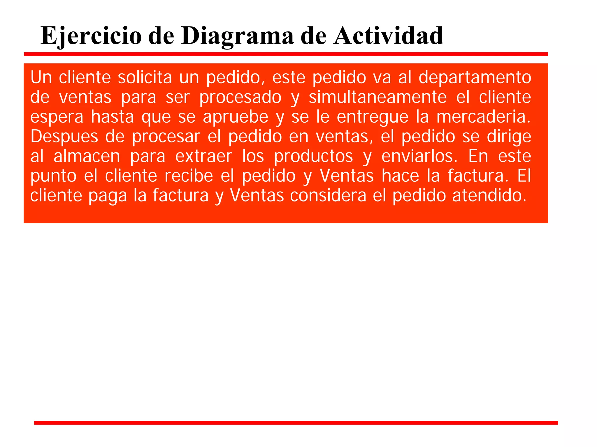 Ejercicio de Diagrama de Actividad 
Un cliente solicita un pedido, este pedido va al departamento de ventas para ser procesado y simultaneamente el cliente espera hasta que se apruebe y se le entregue la mercaderia. Despues de procesar el pedido en ventas, el pedido se dirige al almacen para extraer los productos y enviarlos. En este punto el cliente recibe el pedido y Ventas hace la factura. El cliente paga la factura y Ventas considera el pedido atendido.  